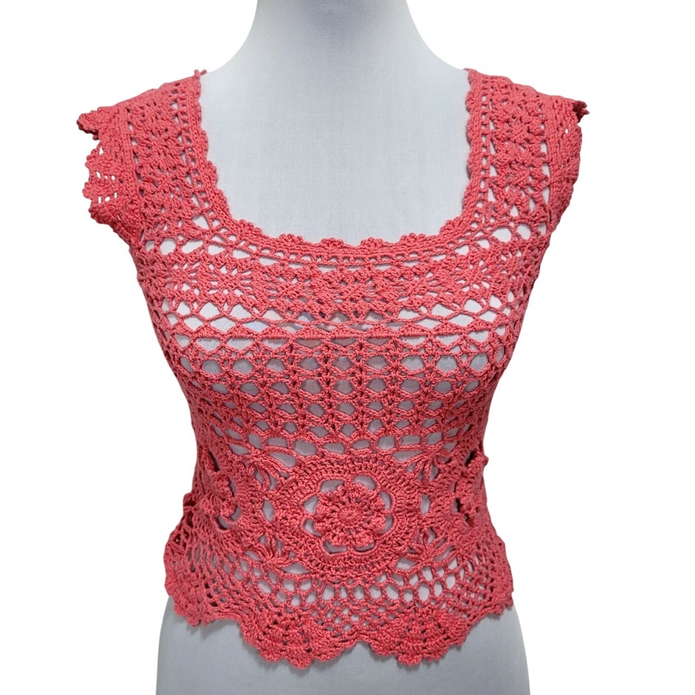 Pins and Needles Coral Pink Floral Crochet Knit Top Boho Sleeveless L Boho Beach